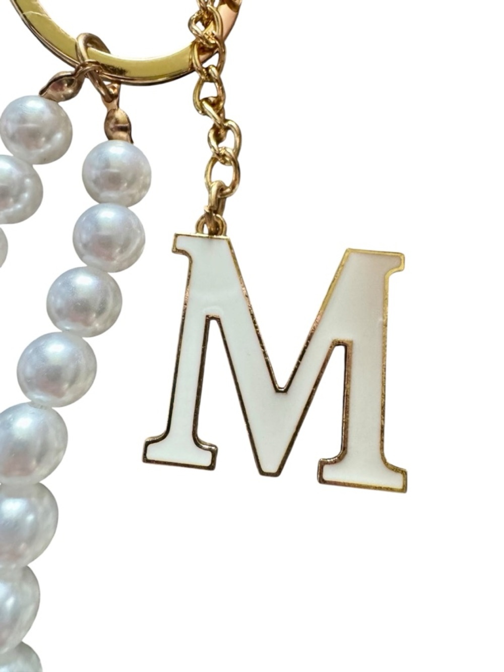 Pink Faux Fur Pom-Pom Keychain with Pearl Wrist Strap and 'M' Charm - Picture 3 of 3